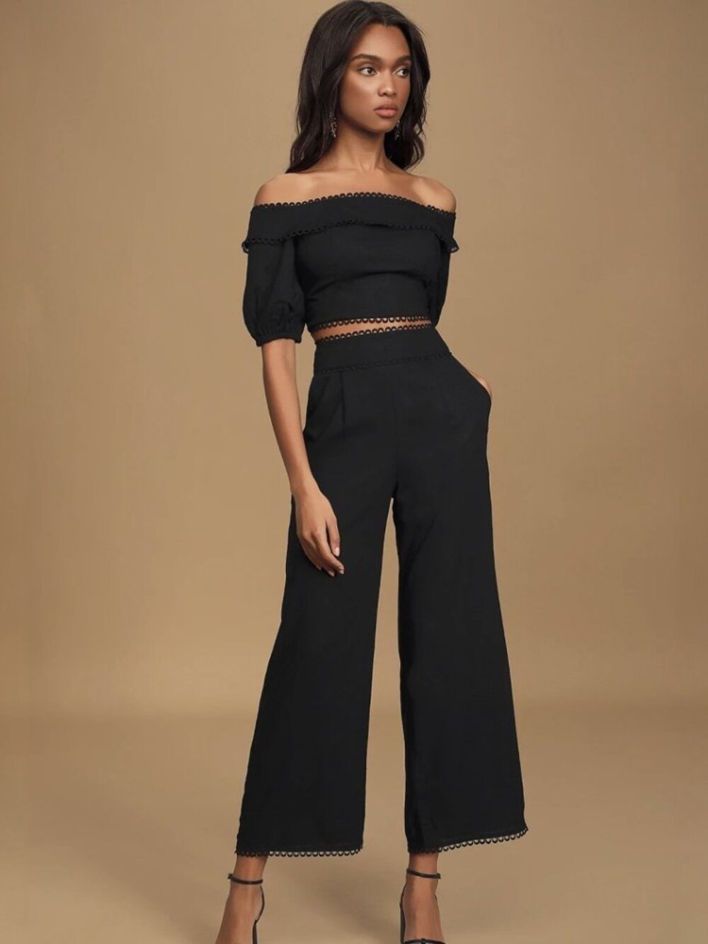 Lulus Bask In Glory Black Crochet Lace Off-The-Shoulder Top​ NWT